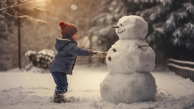 Petit garçon faisant un bonhomme de neige dans le parc un jour de neige