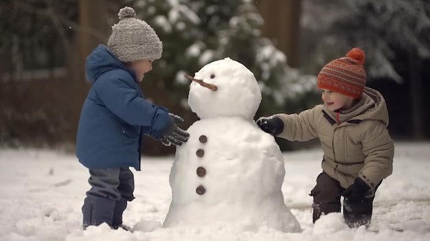 Petit garçon faisant un bonhomme de neige dans le parc un jour de neige