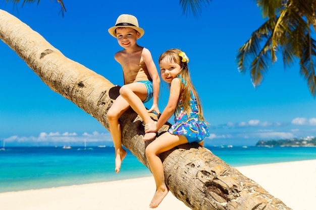 Petit garçon et fille s'amusant sur un cocotier sur une plage tropicale de sable. Le concept de voyage et de vacances en famille.