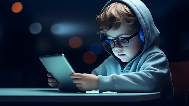 Petit garçon de génération Alpha numérique natif naviguant de manière experte sur une tablette