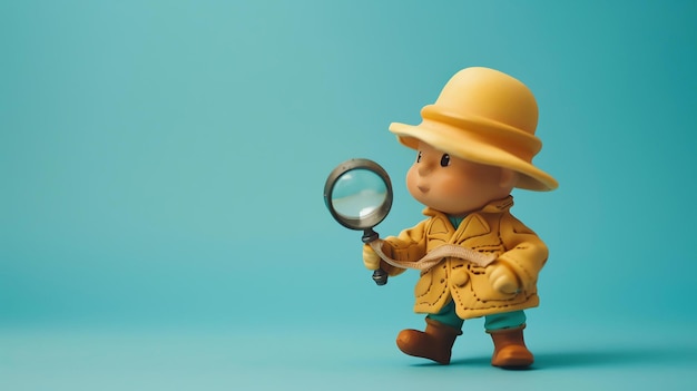 Petit garçon habillé comme un explorateur tenant une loupe isolé sur un fond bleu rendu 3D