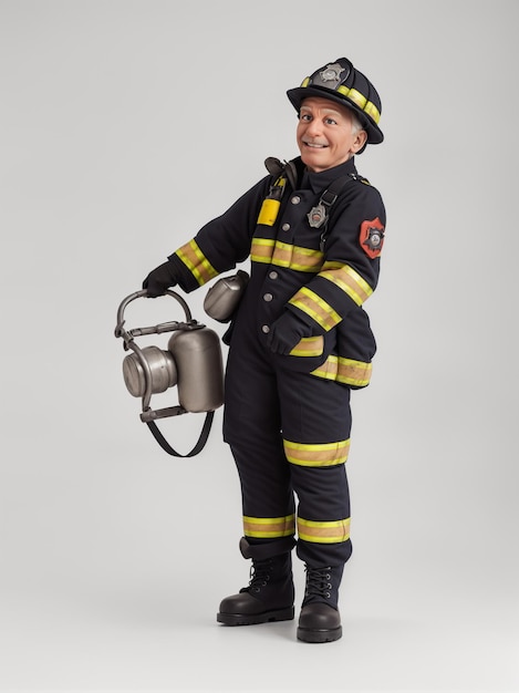 un petit garçon habillé comme un pompier avec un tuyau d'incendie et un casque