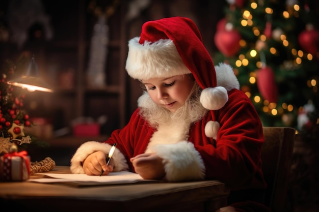 Petit garçon habillé en Père Noël écrivant ses désirs dans une lettre au Père Noël embrassant l'enchantement de Noël et du Nouvel An