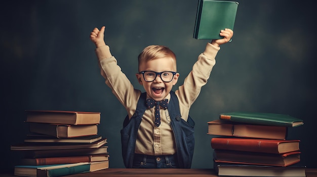 Petit garçon heureux au début de l'année scolaire assis à son bureau devant un livre contre un tableau noir