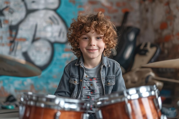 Photo un petit garçon heureux pratiquant le tambour avec un espace de copie ia générative
