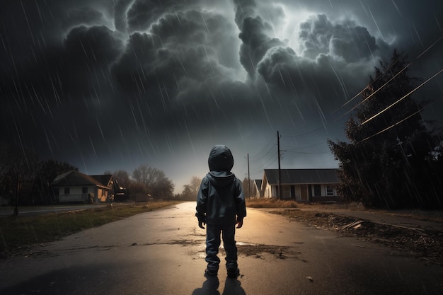 Petit garçon en imperméable debout sur la route et regardant le ciel orageux