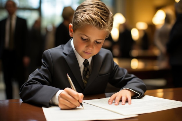 Un petit garçon important en costume d'affaires signant des documents au bureau.