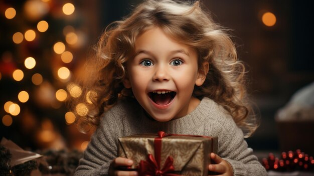 Un petit garçon inattendu déballant un colis surprise de Noël
