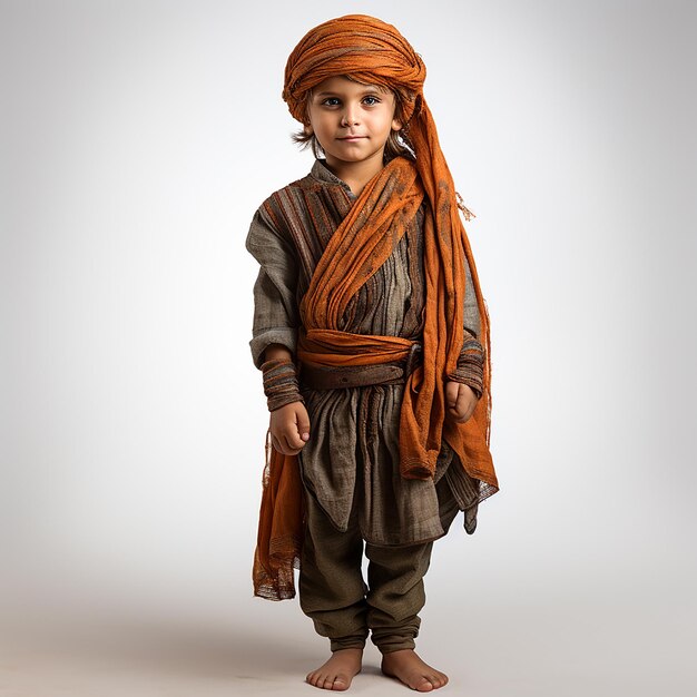 Petit garçon indien ethnique en vêtements nationaux rétro vintage portrait en gros plan sur blanc