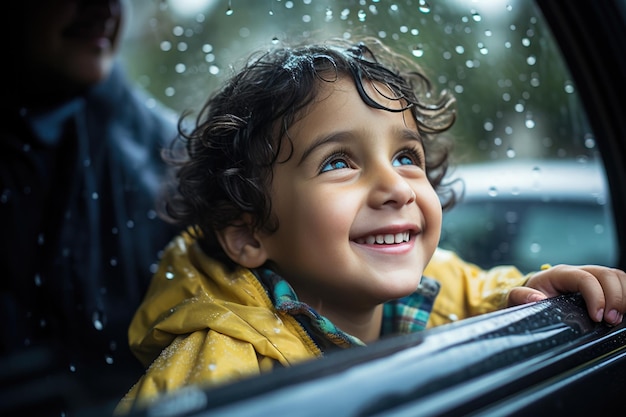 Petit garçon indien regardant par la fenêtre de la voiture