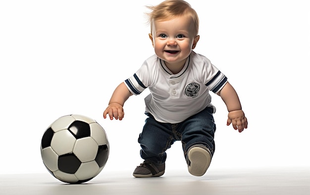 Un petit garçon jouant au football sur un fond blanc