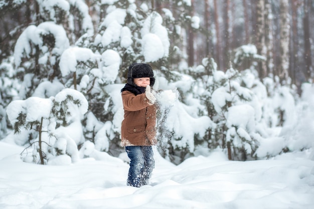 Petit garçon jouant des boules de neige en hiver dans la nature