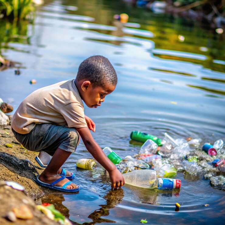 un petit garçon jouant avec une bouteille d'eau et une bouteelle en plastique
