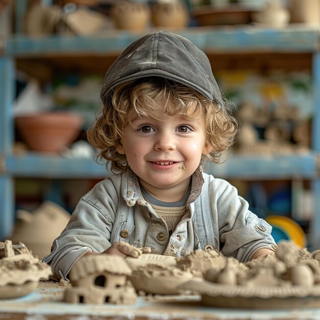 Photo un petit garçon jouant avec un chapeau en argile