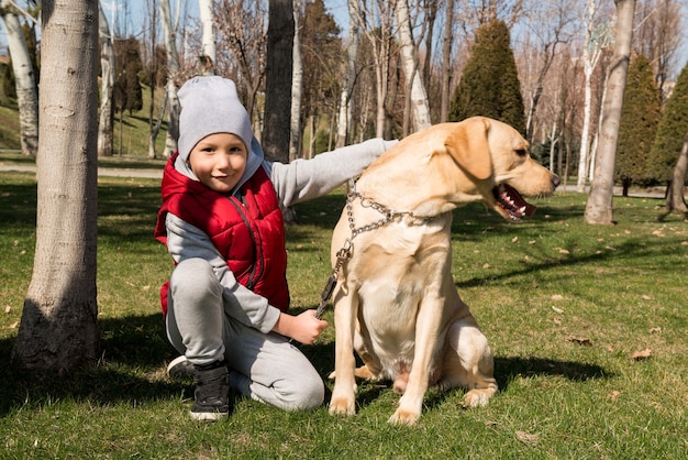 Petit garçon jouant avec un chien labrador dans le parc du printemps