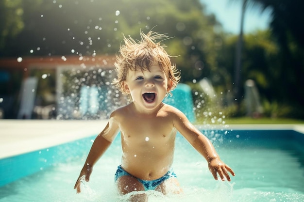 un petit garçon jouant dans une piscine avec de l'eau qui éclabousse autour de lui