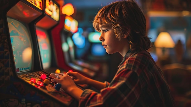 Un petit garçon jouant à une machine à sous Un enfant jouant à un jeu vidéo