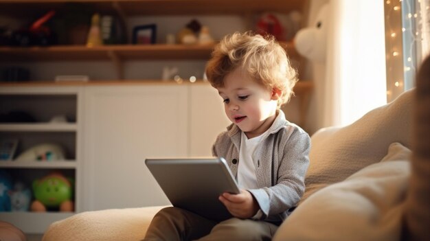 Petit garçon jouant à la tablette à la maison Concept d'enfant et d'appareils électroniques