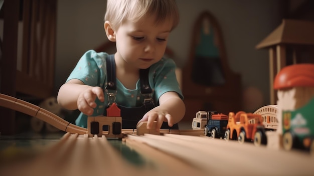 Un petit garçon joue avec une piste de train jouet.