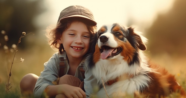 Photo un petit garçon joue avec son chien