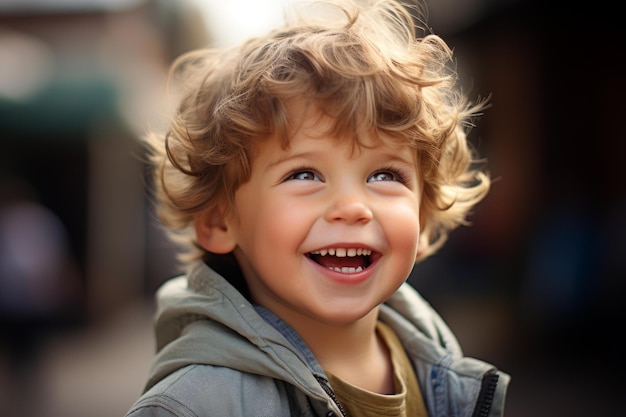 Un petit garçon joyeux aux cheveux bouclés qui rit à l'extérieur.