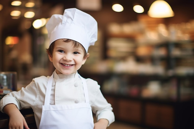 Petit garçon joyeux avec un chapeau de chef souriant à la caméra alors qu'il se tient dans la boulangerie