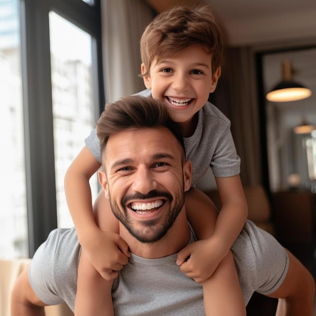 Un petit garçon joyeux sur le cou et les épaules d'un père heureux.