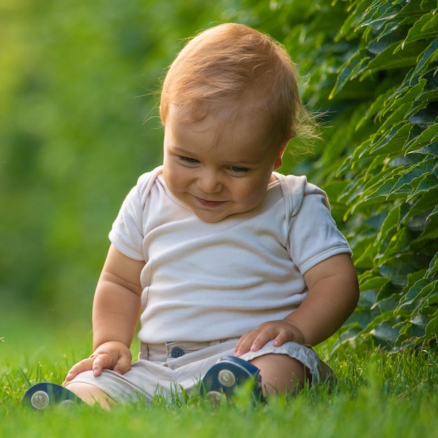 Un petit garçon joyeux et heureux est assis sur une pelouse verte