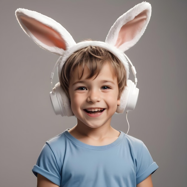 Un petit garçon joyeux avec des oreilles de lapin