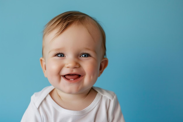 Un petit garçon joyeux souriant sur un fond bleu