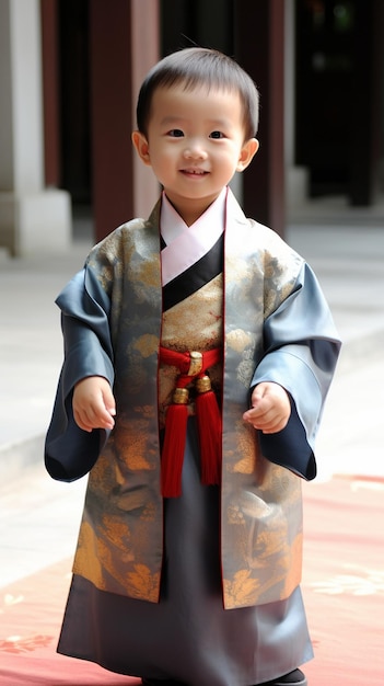 un petit garçon en kimono avec un noeud rouge.