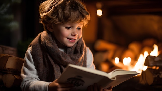 un petit garçon lit un livre dans une chambre confortable