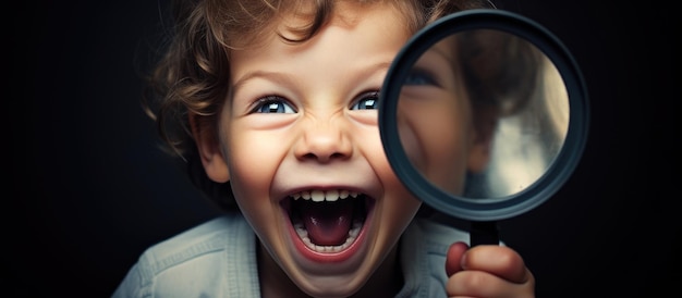 Un petit garçon avec une loupe rit en montrant ses dents blanches dans une photo verticale