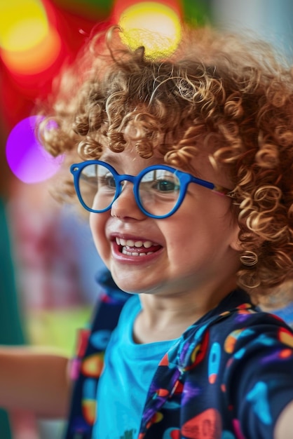 Un petit garçon avec des lunettes et une chemise bleue