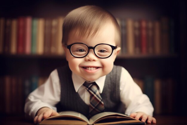 Un petit garçon avec des lunettes étudie Un petit génie
