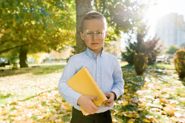 Petit garçon à lunettes avec livre en automne parc ensoleillé