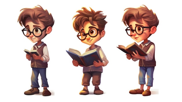 Un petit garçon en lunettes tient un livre ouvert dans ses mains sur un fond blanc