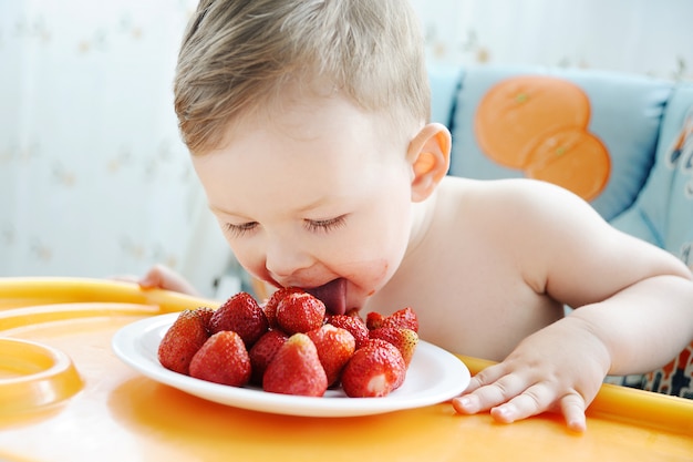 Petit garçon mange des fraises