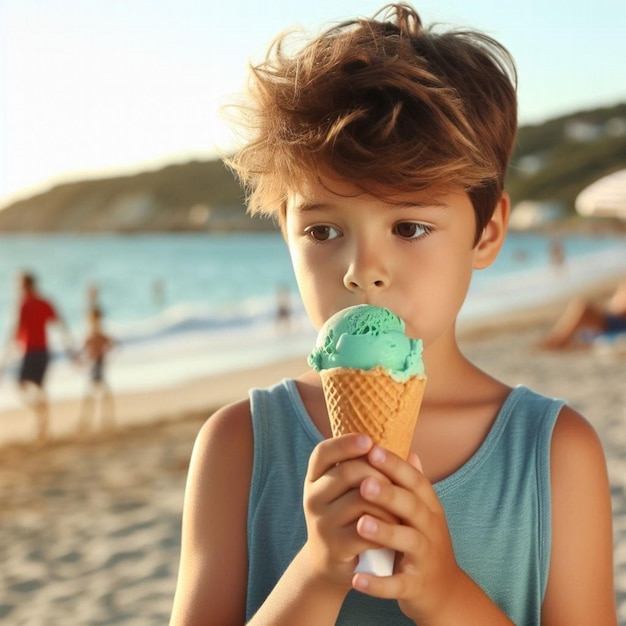 Un petit garçon mangeant de la crème glacée sur la plage une IA générative