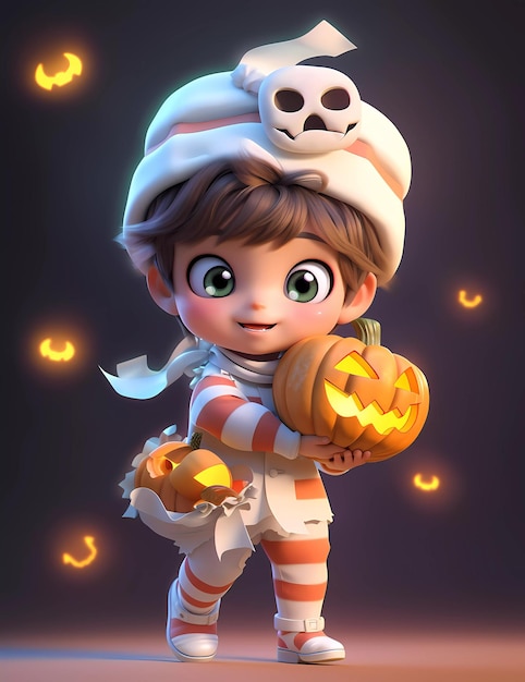 Un petit garçon mignon en 3D avec un costume de maman drôle pour la fête d'Halloween