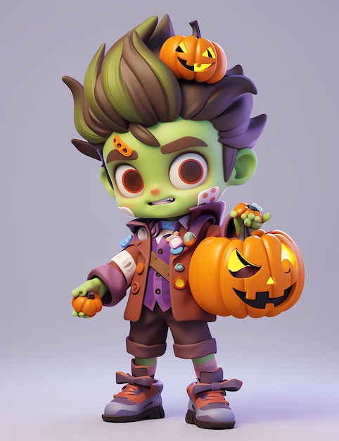Photo un petit garçon mignon en 3d avec un costume de zombie drôle pour la fête d'halloween