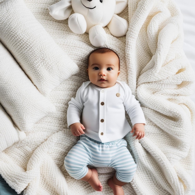 Un petit garçon mignon allongé sur le lit.