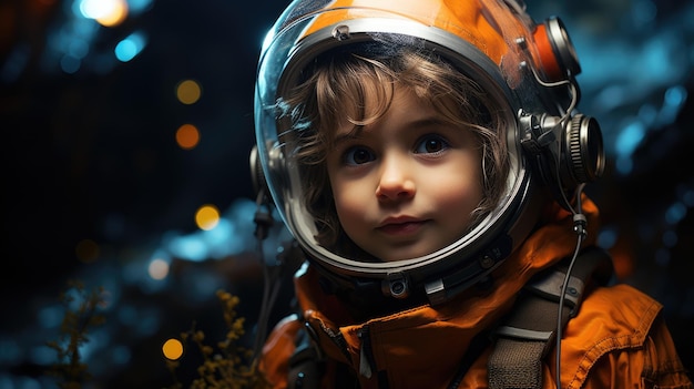 Le petit garçon mignon est habillé en costume d'astronaute et ses yeux sont pleins de curiosité