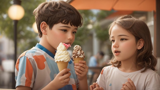 Un petit garçon mignon partage une glace avec sa sœur image ai