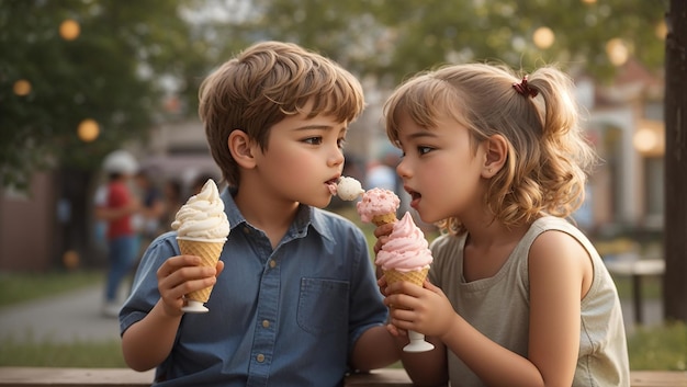 Un petit garçon mignon partage une glace avec sa sœur image ai