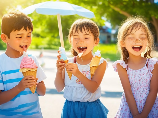 Un petit garçon mignon partage une glace avec sa sœur image ai