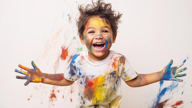 Photo petit garçon mignon riant ensemble et s'amusant avec des peintures peintes dans des mains de peau portrait d'enfant