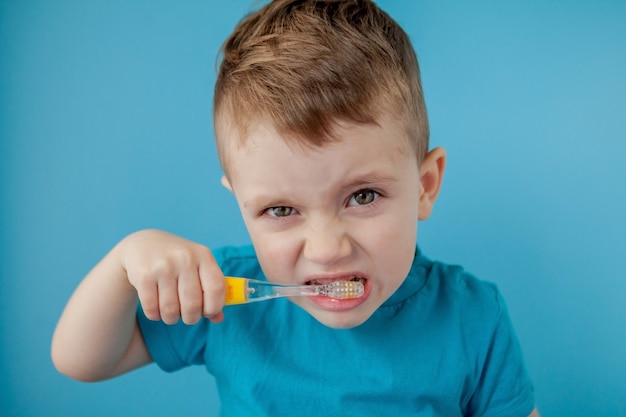 Petit garçon mignon se brosser les dents sur le mur bleu