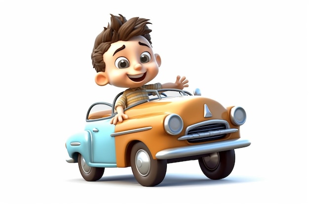 petit garçon monte dans la voiture avec un style de dessin animé 3d