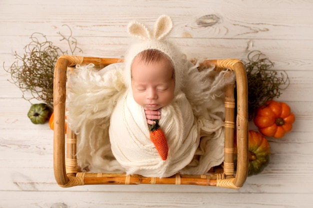 Un petit garçon nouveau-né dans un cocon blanc dans un panier en bois sur un fond de bois clair Chapeau de lapin avec des oreilles De petites mains tiennent un jouet carotte en laine orange Photographie de studio professionnel